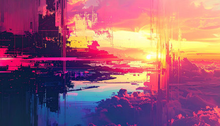 sunset over the sea with reflection in water, 3d illustrationの素材