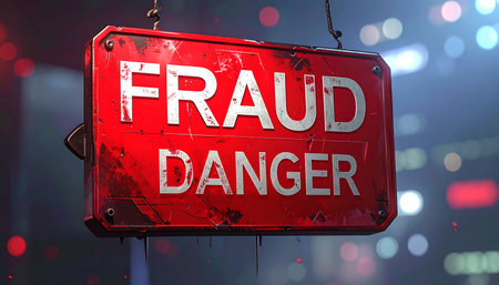 3D rendering of a red sign with the text Fraud Danger hanging on a red poleの素材