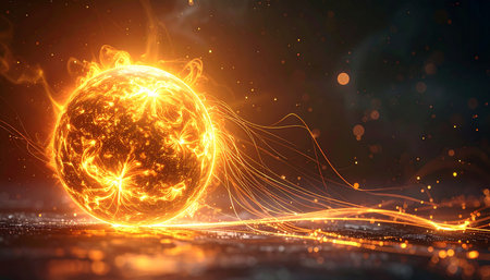 3D illustration of a glowing sphere with particles and lines on a dark backgroundの素材