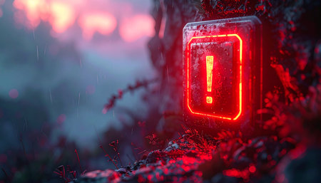 Red glowing warning sign in the forest at night with fog. 3D Renderingの素材