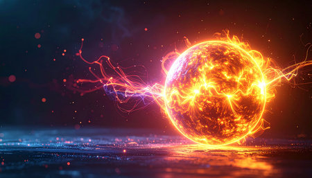 glowing planet with lightning on dark background, 3d render illustrationの素材