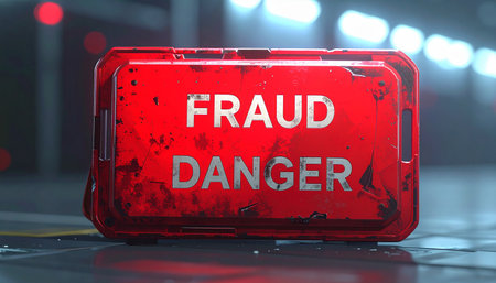 Fraud Danger Sign on Red Car Background. 3D Render.の素材