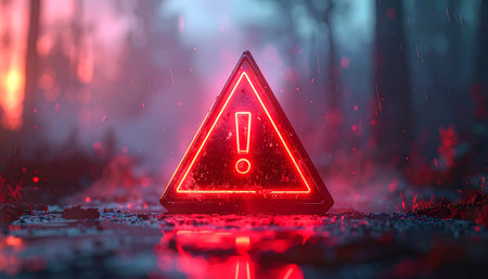 3D illustration of a warning sign with a red exclamation mark on a dark backgroundの素材