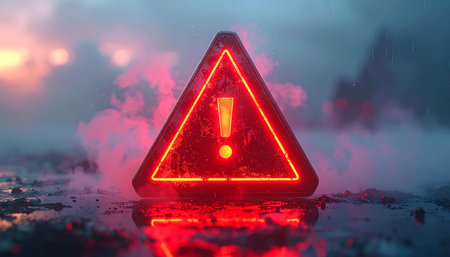 3D illustration of a warning sign with a red exclamation markの素材