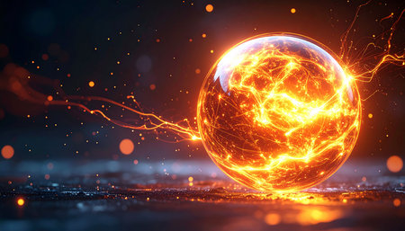Glowing crystal ball with lightning in dark space. 3D renderingの素材