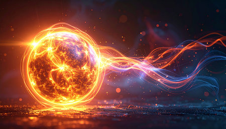 3D illustration of glowing sphere with lightning and particles on dark backgroundの素材