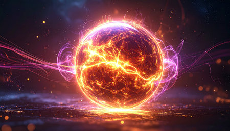 Abstract electric sphere with lightning on dark background. 3D Renderingの素材
