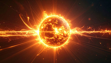 A 3D render of an electric ball spinning around a burning planet.の素材