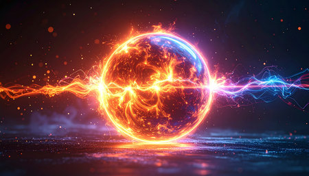 3D illustration of electric sphere with lightning and particles on dark backgroundの素材