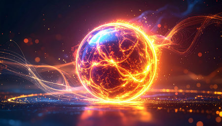 Glowing sphere with glowing particles on dark background. 3D renderingの素材