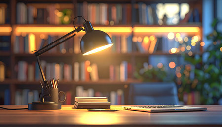 Lamp and books on the table in the library. 3d renderingの素材
