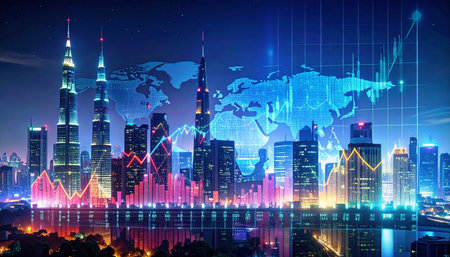 Shanghai cityscape with financial graph and world map at nightの素材