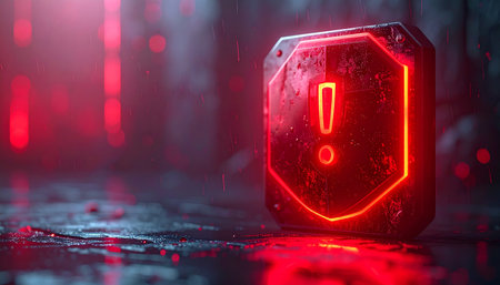 Red exclamation mark on the black background with red light. Caution concept.の素材