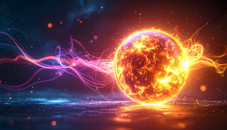 Glowing planet with lightning and particles on dark background. 3D renderingの素材