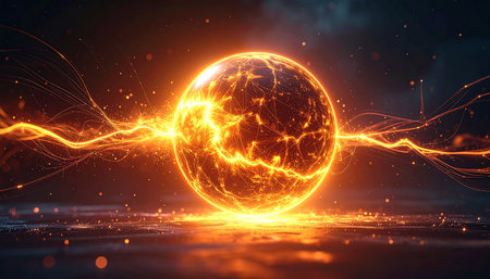 Glowing electric sphere on dark background. 3d rendering toned imageの素材