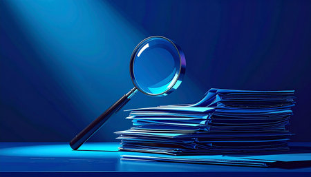 Magnifying glass on stack of documents, 3d render, blue backgroundの素材