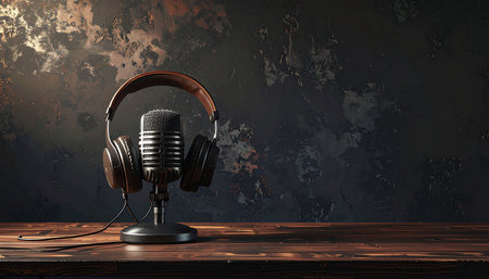 Retro microphone and headphones on a wooden table. 3d renderingの素材