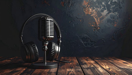 Retro microphone and headphones on wooden background. 3d illustration.の素材