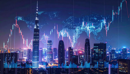 Forex trading graph and candlestick chart on cityscape backgroundの素材