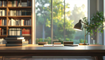 Wooden desk with books and lamp in the library. 3d renderingの素材