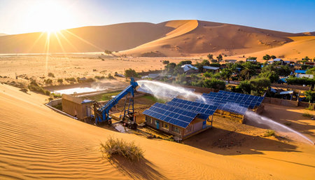 Aerial view of solar power station in the Sahara desert, Moroccoの素材
