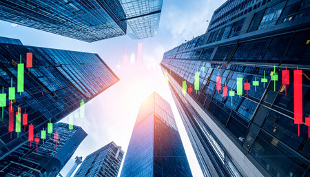Business graph on skyscrapers background, financial and stock market conceptの素材