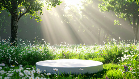3d render of white round podium or stand on green grass with daisy flowers and sunlightの素材