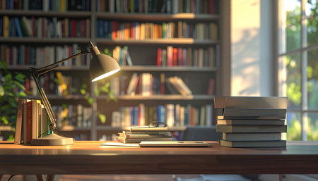 Lamp and books on the table in the library. 3d renderingの素材