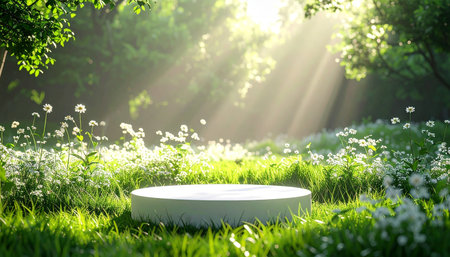 White round podium on green grass in the park. 3d renderの素材