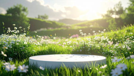 White round podium in the green grass and flowers. 3d renderの素材