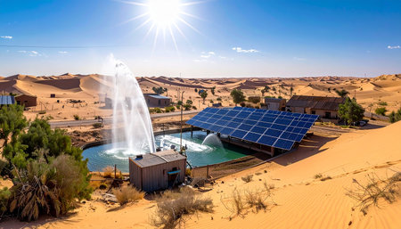 Aerial view of a water fountain in the Sahara desert, Moroccoの素材