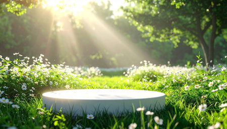 White round podium on green grass and daisies in the gardenの素材