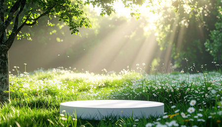 White podium on green grass with daisies. 3d renderの素材