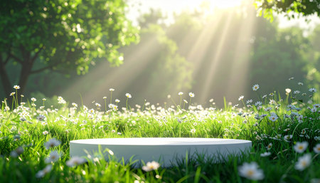 White podium on green grass with daisies in the park. 3d renderの素材
