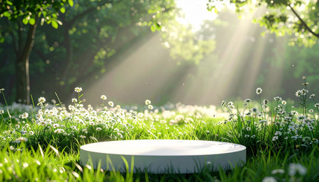 White round podium on green grass in the park. 3d renderの素材