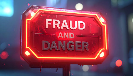 Fraud and danger sign. 3D rendering. Neon sign.の素材