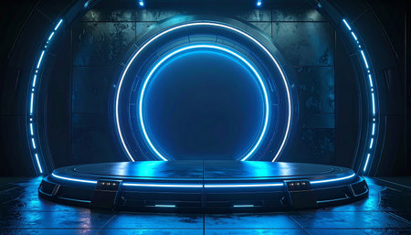 3D rendering. Futuristic room with neon light. Sci-fi background.の素材