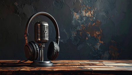 Retro microphone and headphones on wooden table in front of grunge wallの素材