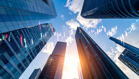 Modern business skyscrapers with candlestick chart in blue toneの素材