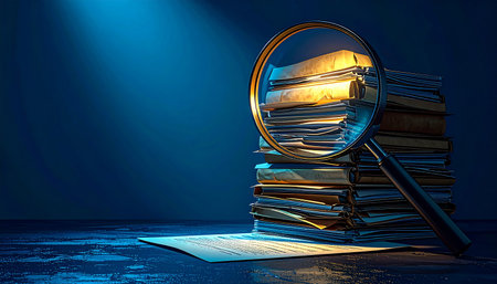 Magnifying glass on pile of books and laptop. 3d illustrationの素材