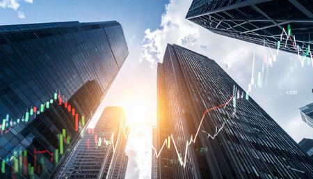 Business and finance concept. Double exposure of stock market chart and cityscape background.の素材