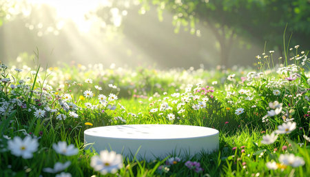 White round podium on green grass with daisies in sunny dayの素材