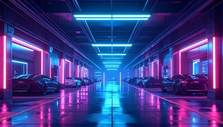 Futuristic underground parking lot with neon lights. 3d renderingの素材