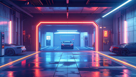 3d rendering of an underground parking lot with neon lights and carsの素材