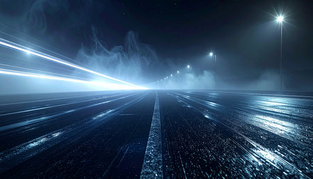 Futuristic road at night with lights and fog. 3d renderingの素材
