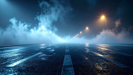Empty asphalt road with street lights and fog in the background at nightの素材