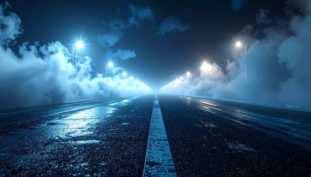 Night asphalt road through the clouds. Landscape. 3d renderingの素材