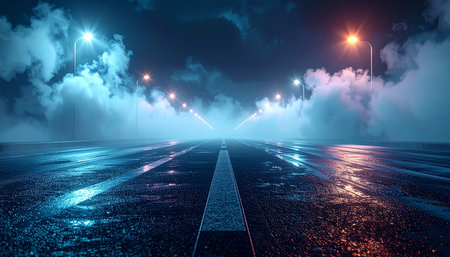 Night asphalt road with lights and clouds in the sky. 3d renderingの素材