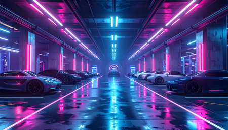 3d rendering. Futuristic interior of a car park with neon lights.の素材