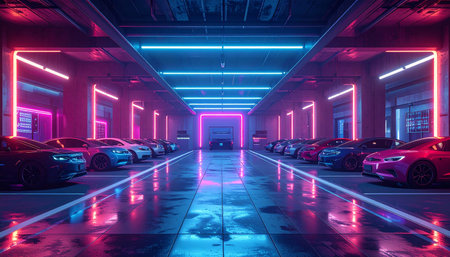 Interior of a modern parking lot with neon lights. 3D renderingの素材